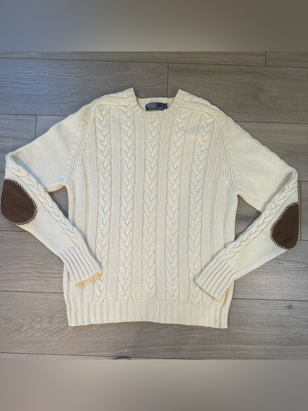 Polo Ralph Lauren Sweater XL Men's Cable Knit Cream Ivory Leather Elbow Wool